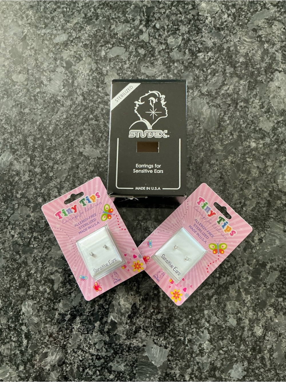 2 pair Studex Tiny Tips Sensitive Ears Crystal Earrings.